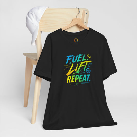 Fuel, Lift, Repeat Unisex Tee | Motivational Fitness Shirt, Activewear, Workout Tee, Gift for Athletes, Gym Lover